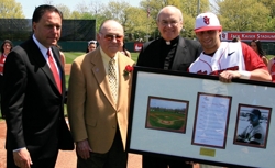 (L to R) Athletic Director Chris Monasch, Jack Kaiser, School President Rev. Donald J. Harrington, C.M. and Sam Deluca