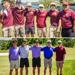Two photos. Top: Minneapolis Roosevelt Varsity boys golfers with their coach Ryan Voeks at the Minikahda CC during the Mpls City Meet. Bottom: 5 top finishers from the meet stand together arm-in-arm with Roosevelt’s Michael Murphy on the far right.
