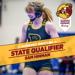 Graphic: Roosevelt Wrestling State Qualifier Sam Hinman. Image: Sam Hinman triumphant after winning her match