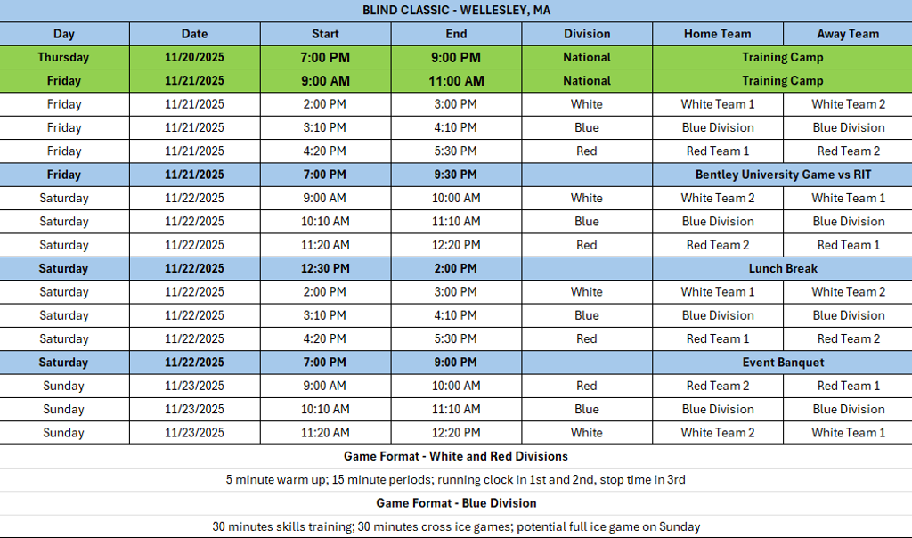 2025 Blind Hockey Classic Schedule