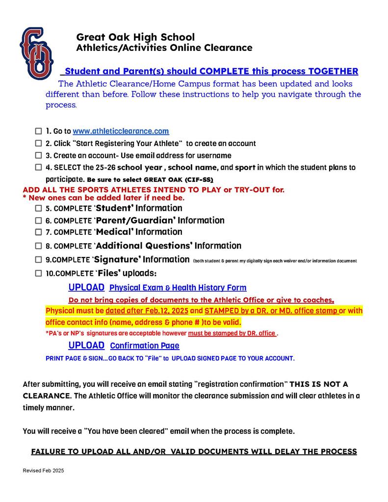 ATHLETICS CLEARANCE INSTRUCTION