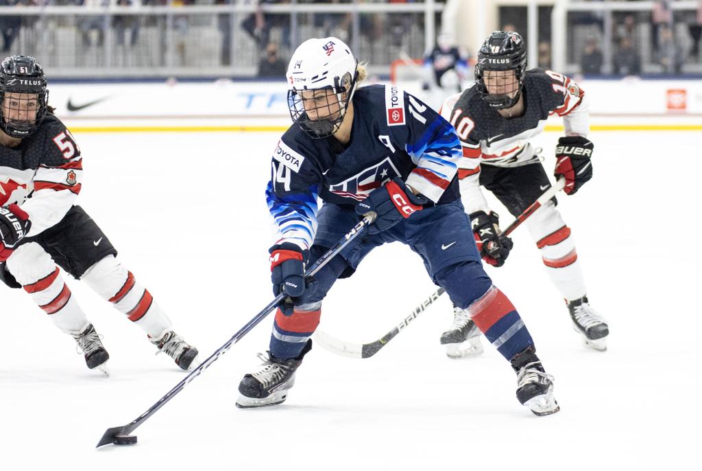 Brianna Decker skates in game action during the 2021 My Why Tour.