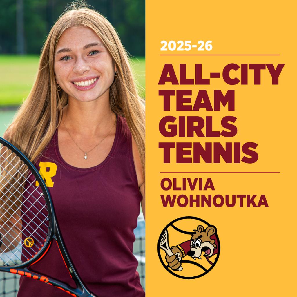 Image of Minneapolis Roosevelt High School Teddy Tennis player posing with her racquet in front of the net. On the right is graphic text: 2025-26 All-City Team Girls Tennis, Olivia Wohnoutka