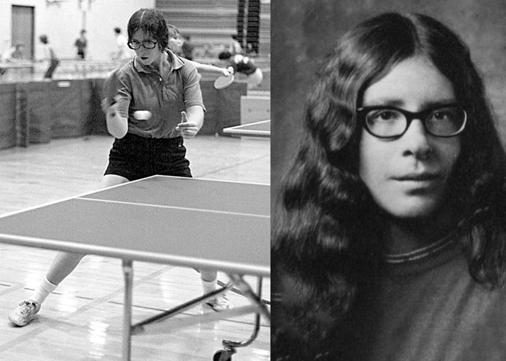 Minneapolis Roosevelt High School alumn Sheila O’Dougherty in action during a collegiate table tennis match on the left and her Roosevelt graduation photo on the right