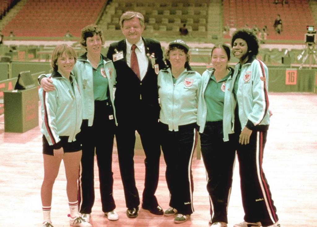 Minneapolis Roosevelt High School alumn Sheila O’Dougherty with her USA World Team teammates and coach