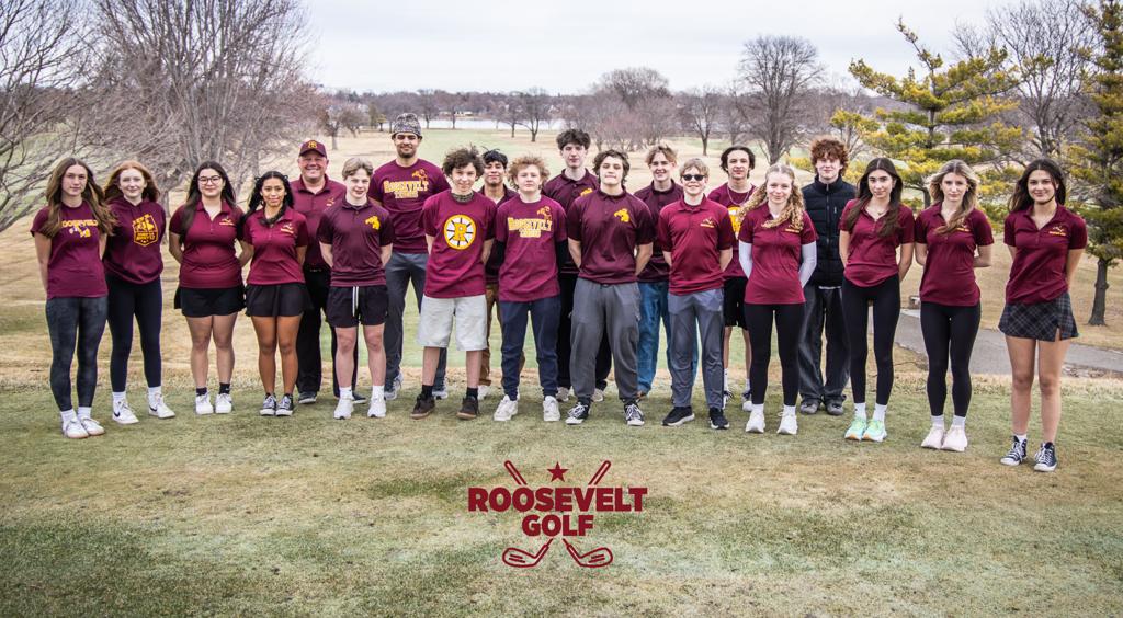 Minneapolis Roosevelt High School boys and girls golfers with their coach posing for a team photo at Hiawatha Golf Course in Southeast Minneapolis.