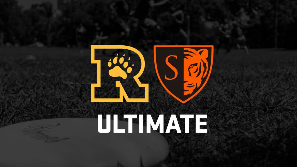 Image of a black-and-white photo of South Minnneapolis Squall Ultimate Frisbee players during a game. Superimposed on top are the Roosevelt “R” icon and the South shield icon (Letter S on left, Tiger on right). Underneath the 2 icons are the words ULTIMAT
