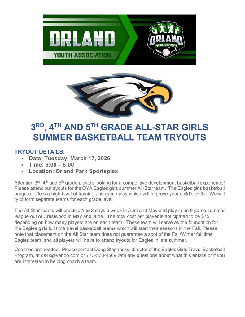 3 RD, 4TH AND 5TH GRADE ALL-STAR GIRLS SUMMER BASKETBALL TEAM TRYOUTS