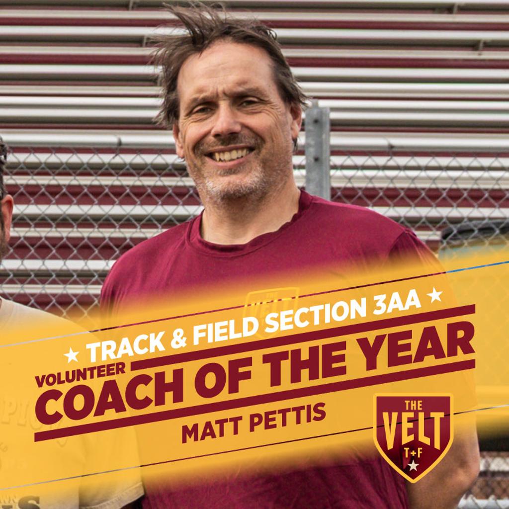 Image of Minneapolis Roosevelt Assistant Coach Matt Pettis. GraphicL Track and Field Section 3AA Volunteer of the Year