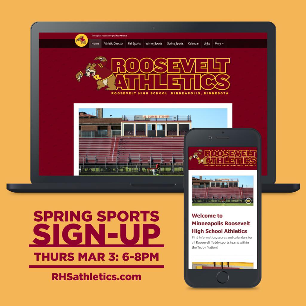 Image of Minneapolis Roosevelt High School Spring Sports Sign-Up graphic featuring a laptop computer and Cell Phone displaying the RHS Athletics website on their screens