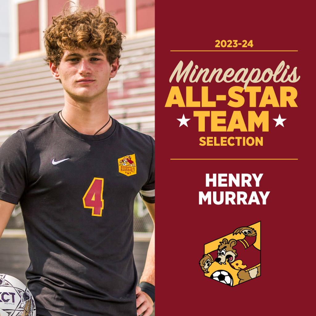 Image of Minneapolis Roosevelt High School Teddy Soccer player Henry Murray posing for the camera while holding a soccer ball. Graphic: Graphic: 2023-24 Minneapolis All-Star Team Selection, Henry Murray 