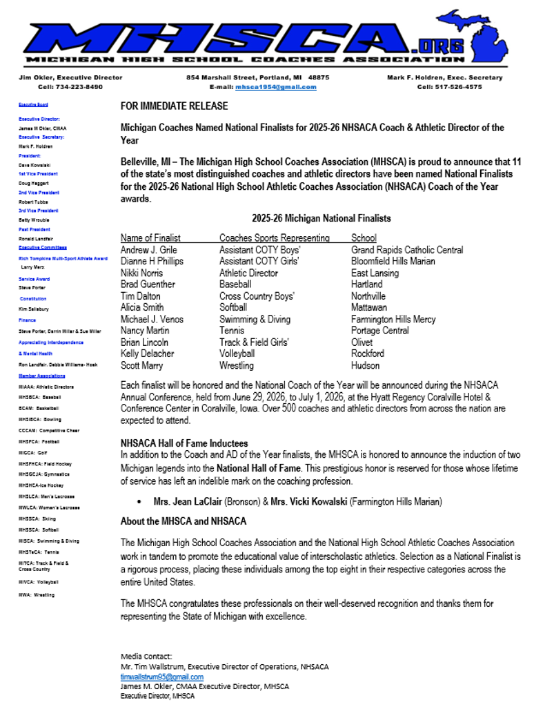 NHSACA COY Finalists 2026