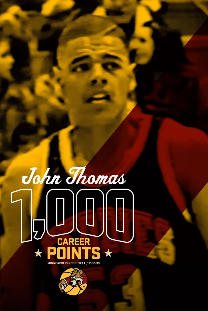 Poster of Minneapolis Roosevelt High School Basketball player John Thomas commemorating his 1,000 career point milestone