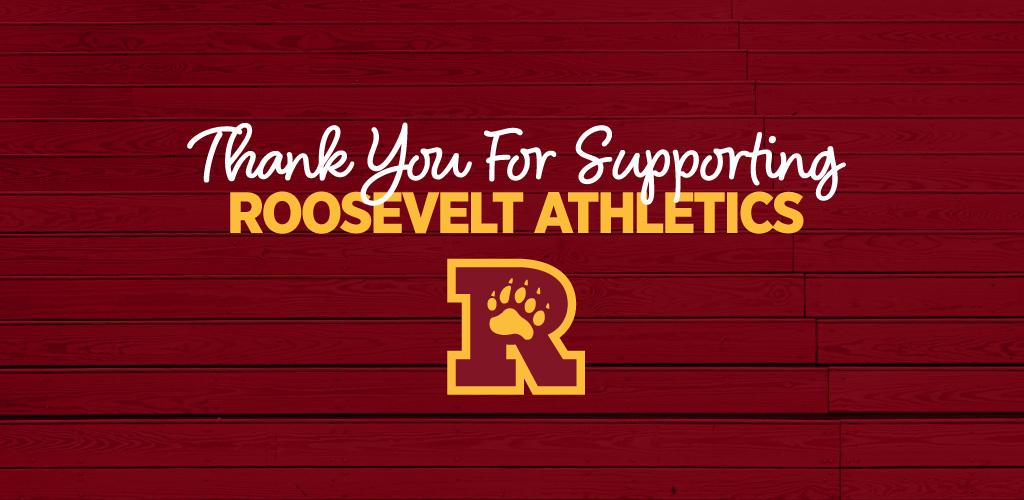 Image of a maroon-tinted photo of bleachers in Jack Wells Gymnasium.  Superimposed on top is type THANK YOU FOR SUPPORTING ROOSEVELT ATHLETICS