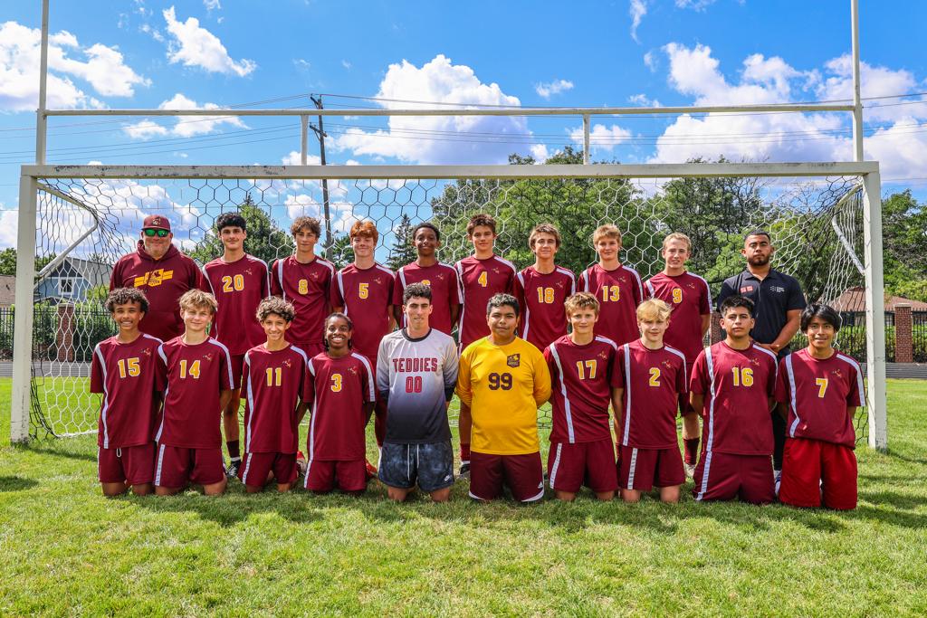 Image of Minneapolis Roosevelt JV Soccer team grouped together for a team photo at Al Gowans Stadium