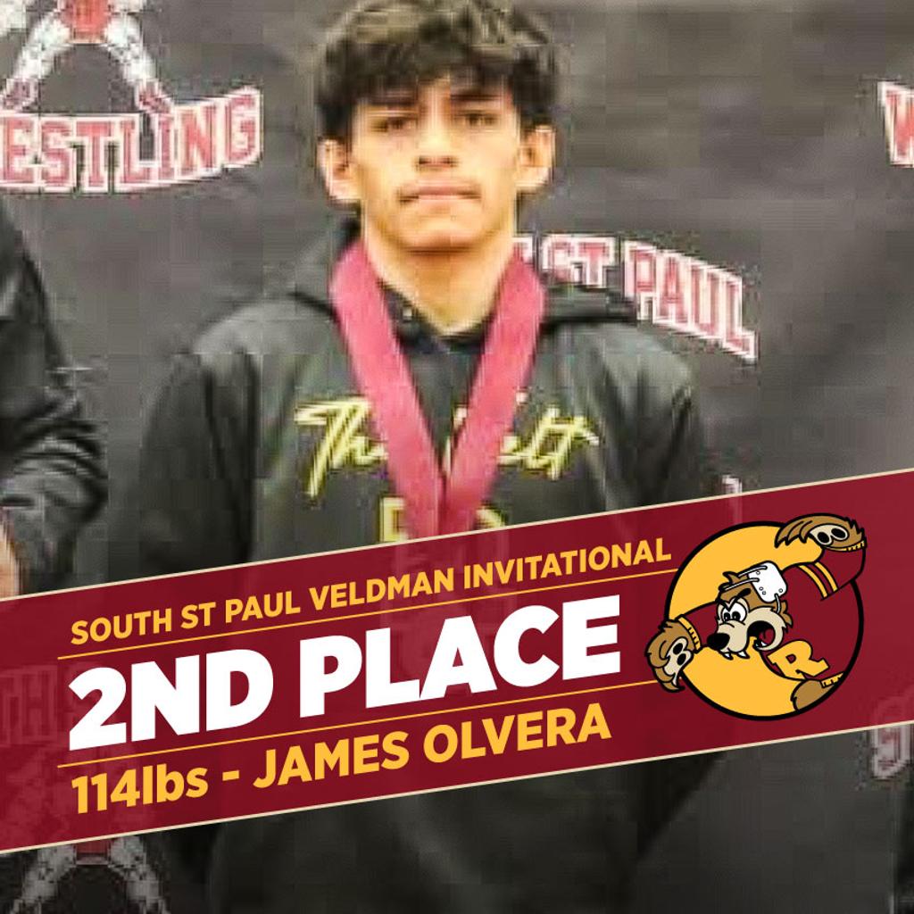 Graphic: Teddy Wrestling South St Paul Veldman Invitational 2nd place James Olvera, 114