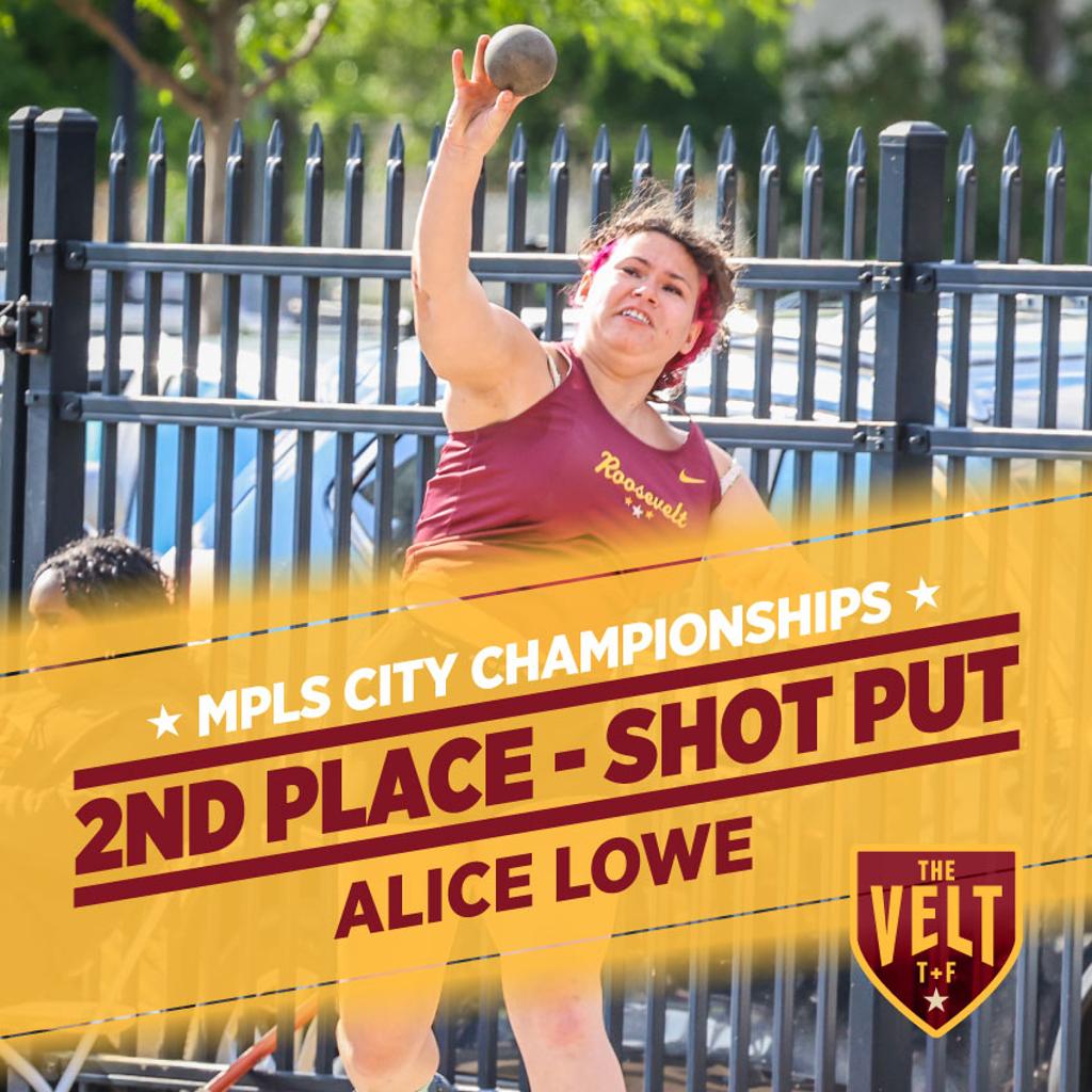 Image of Minneapolis Roosevelt Discus thrower Alice Lowe as she lets it rip during her shot put throw at the Minneapolis City Championships