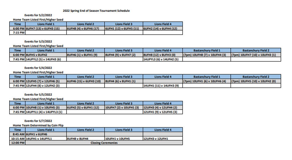 Spring 2022 End of Season Tournament Schedule