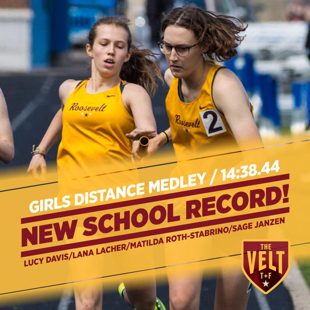 Image of Minneapolis Roosevelt runners Matilda Roth-Stabrino handing the baton off to Sage Janzen in an event at the Mpls City Relays