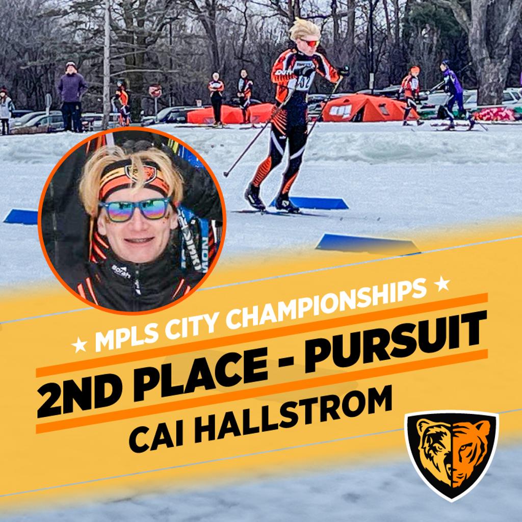 Image of TNT Nordic/Roosevelt skier Cai Hallstrom during a race. Graphic: Mpls City Championships, 2nd place - Pursuit.