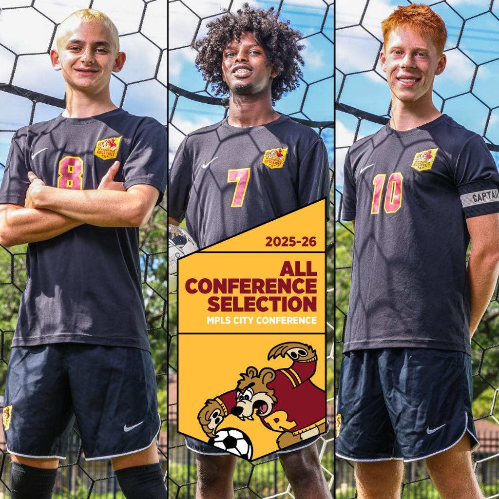 Image of Minneapolis Roosevelt High School Teddy Soccer players Will Gerdts, Farhan Mohamed, Ethan Arvidson posing for the camera while holding a soccer ball. Graphic: 2025-26 All Conference Selection, Mpls City Conference