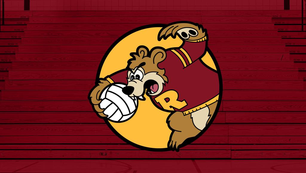 Image of a maroon-tinted photo of the bleachers at Jack Wells Gymnasium. Superimposed over the top of the image is the Teddy Volleyball logo.