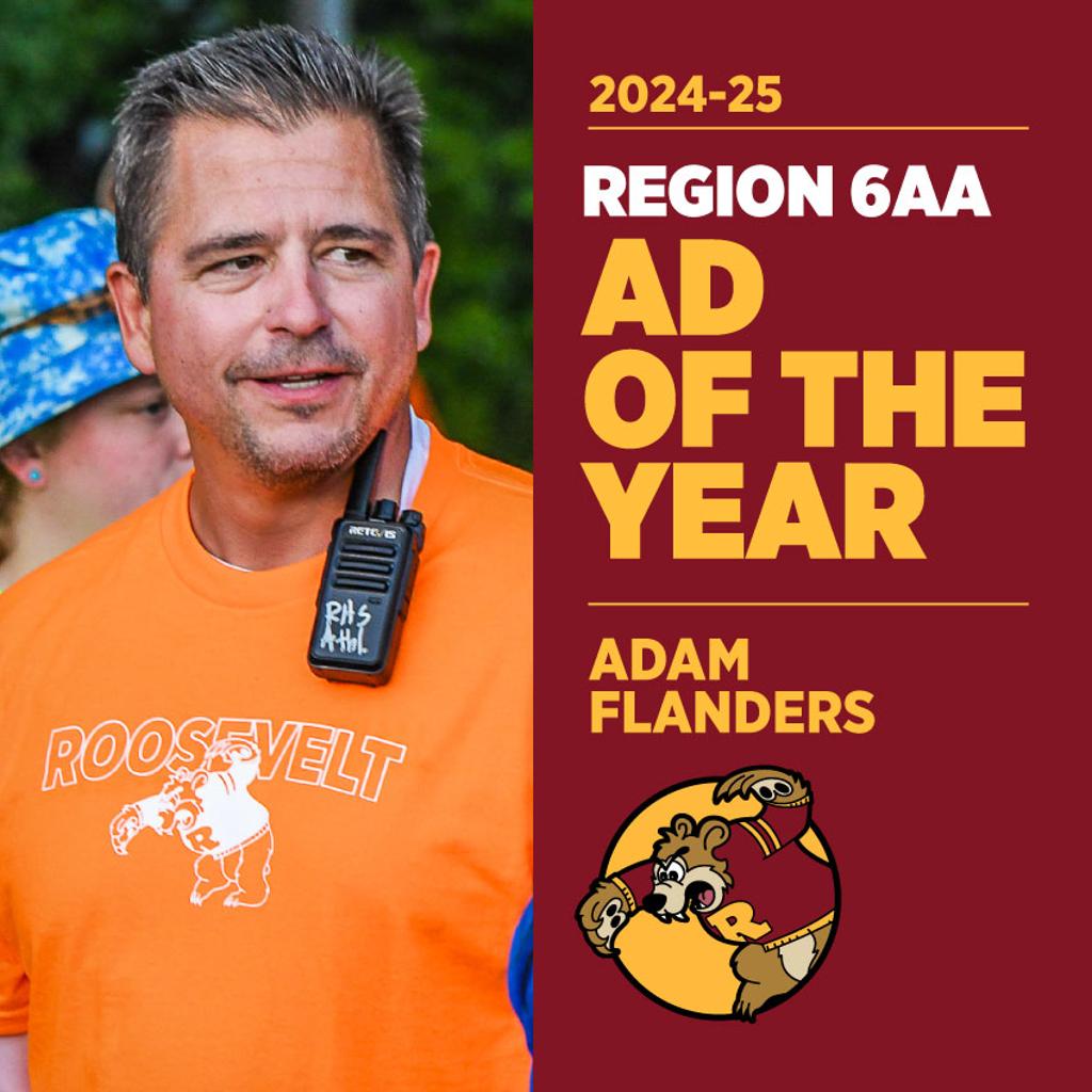 Image of Minneapolis Roosevelt High School Teddy Athletic Director Adam Flander posing for the camera during a team photo shoot. To the right of the image is graphic text: 2024-25 Region 6AA ADof the Year, Adam Flanders