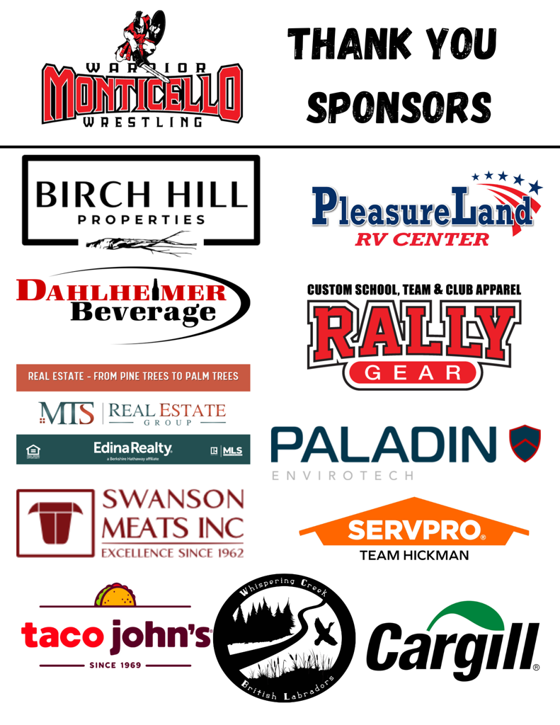 Thank you sponsors for contributing to the growth of our sport.  Because of your donations, our coaching fees were waived for Beginner Wrestlers! 