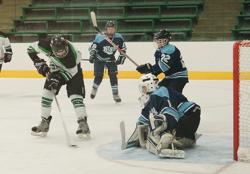 Blaine's goalie Joe Daninger makes one of many point blank stops in the Bengals 5-0 loss to Edina AA in the Edina Invitational.