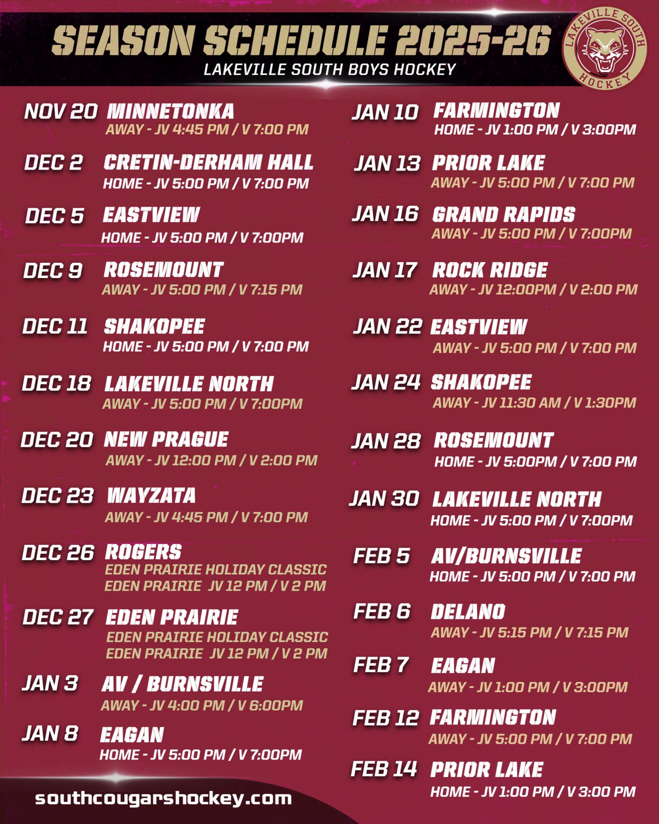 Lakeville South Boys Hockey 2025-2026 Season